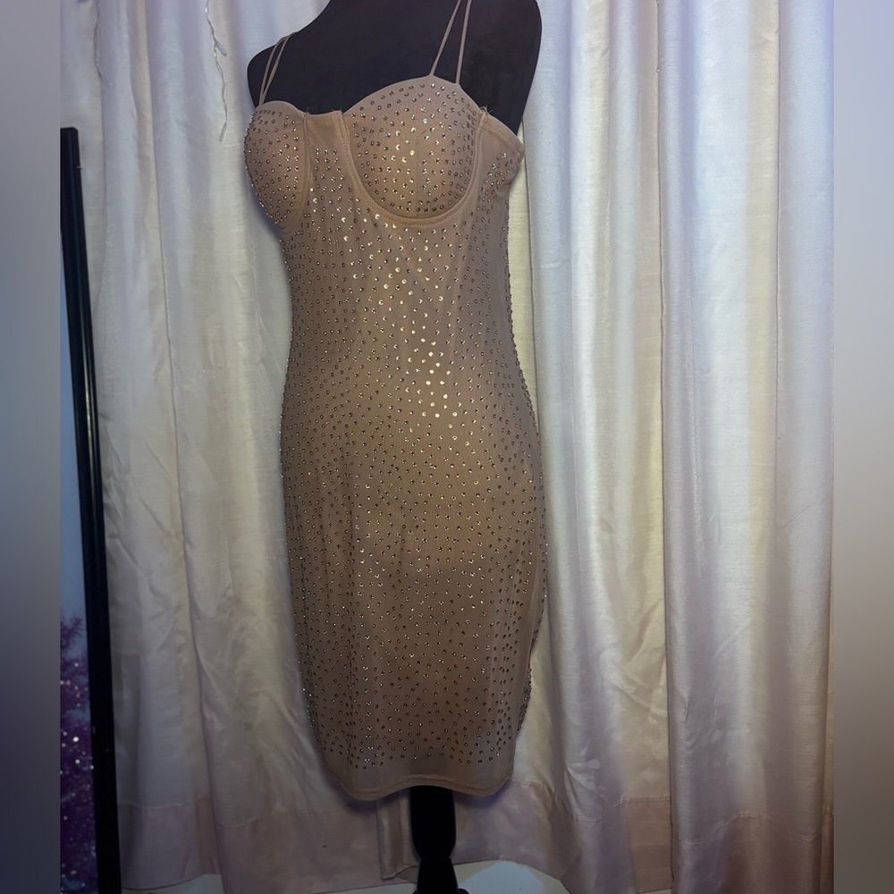 Sexy Nude Dress with rhinestones! Perfect condition, stretchy and fitted!🤎 - Picture 6 of 11